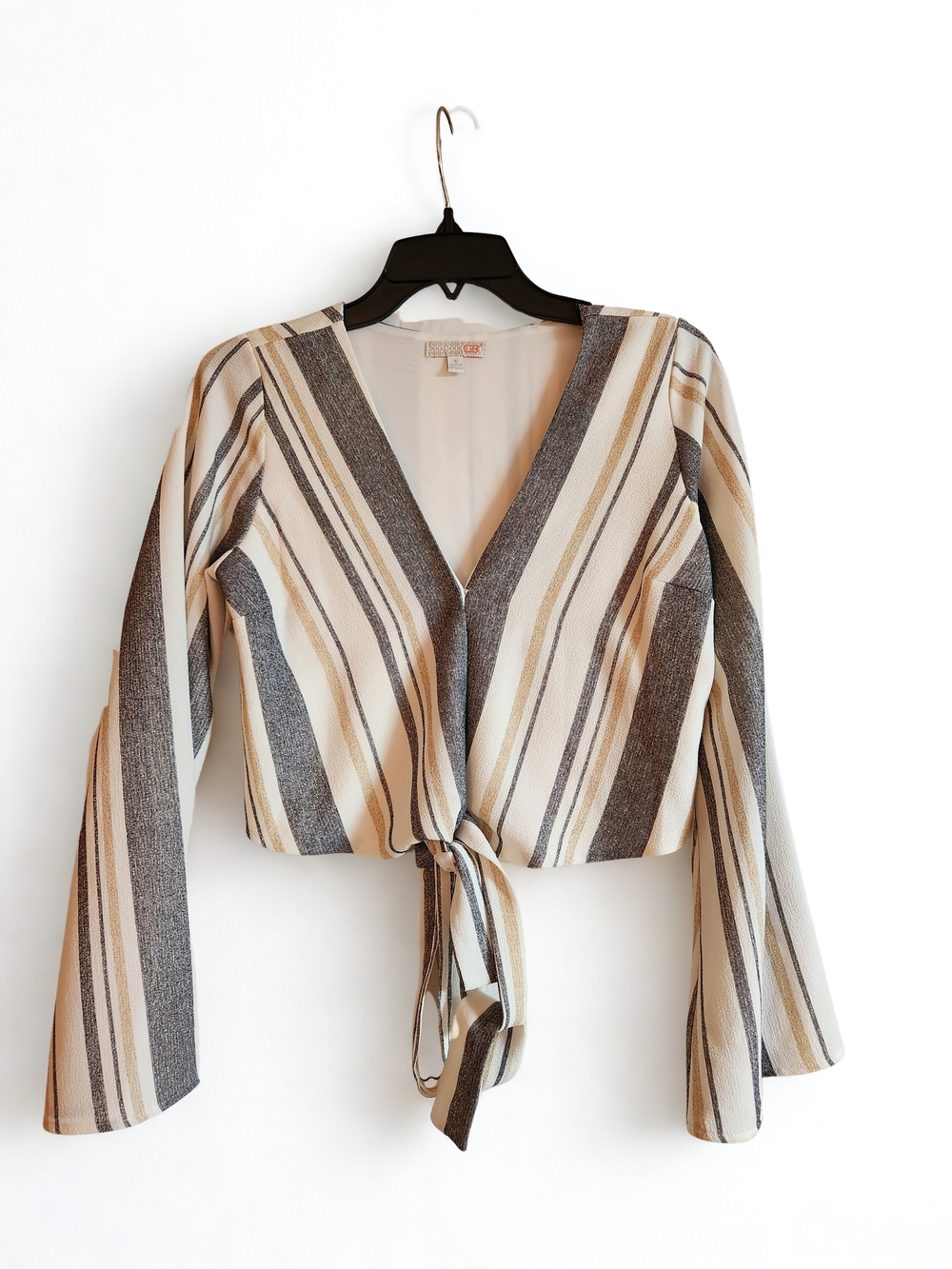 Gianni Bini Chic Striped Tie-Front V-Neck Blouse in Cream & Charcoal